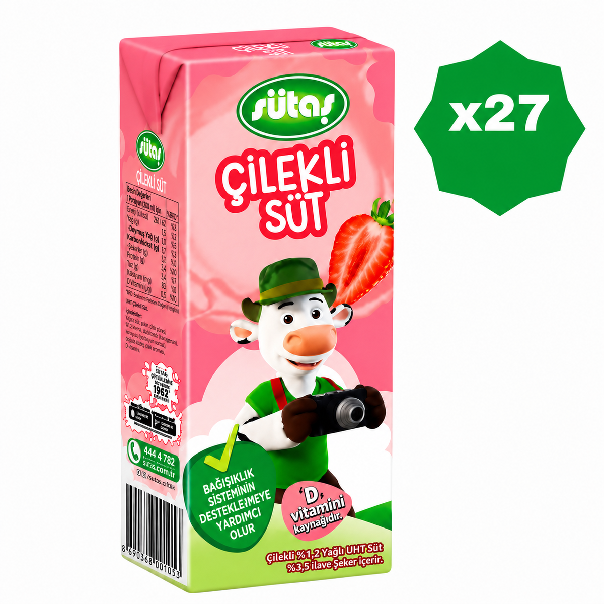 SUTAS UHT MILK STRAWBERRY 200ML, PACK OF 27