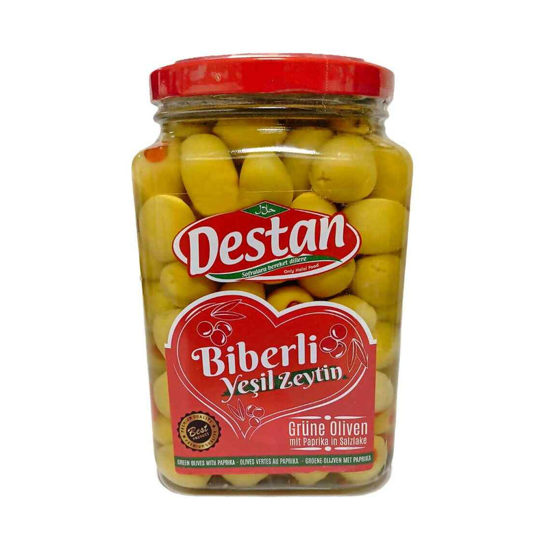 DESTAN GREEN OLIVES FILLED WITH PEPPER (BIBER DOLGULU) (XL) 900GR 6 PCS