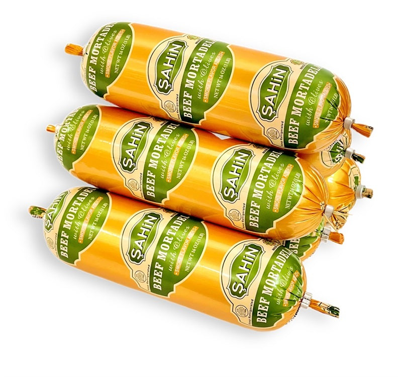SAHIN BEEF MORTADELLA OLIVES 1 LB 16 PCS
