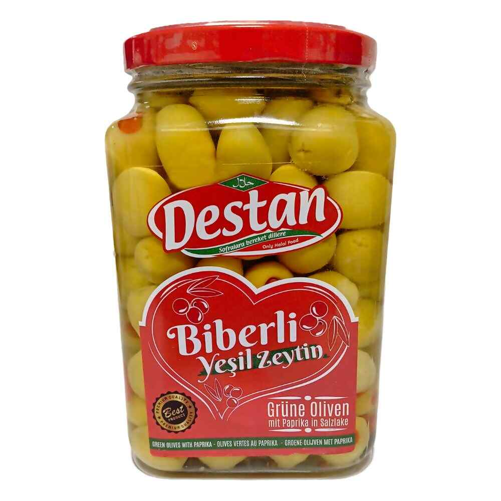DESTAN GREEN OLIVES FILLED WITH PEPPER (BIBER DOLGULU) (XL) 900GR 6 PCS